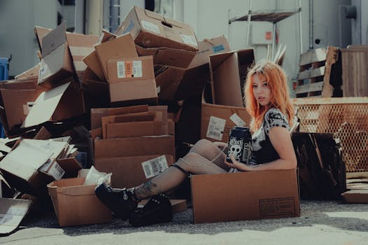 A woman sits among cardboard boxes, suggesting recycling or creativity in an urban setting.