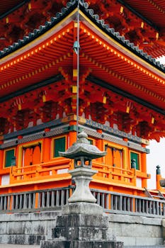 Close-up of a vibrant pagoda roof in Kyoto, showcasing traditional Japanese architecture.