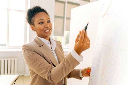 Smiling businesswoman presenting on a whiteboard in a bright office space.